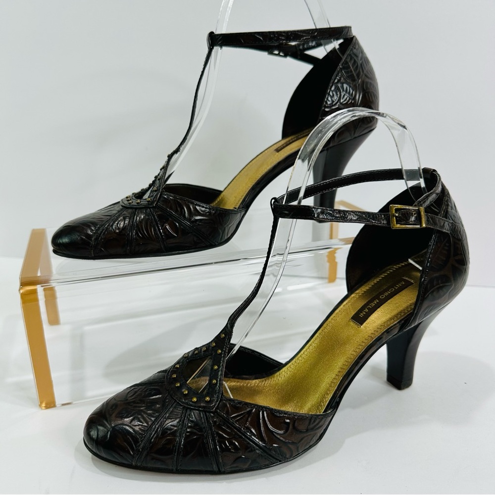 ANTONIO MELANI BROWN LEATHER EMBOSSED SIZE 8.5 GREAT COND 3” STRAPPY HEELS - Picture 3 of 9
